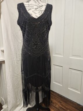 Fundaisy NWT Black Sequin Beaded Embellished Flapper Evening Gown Dress SZ XL